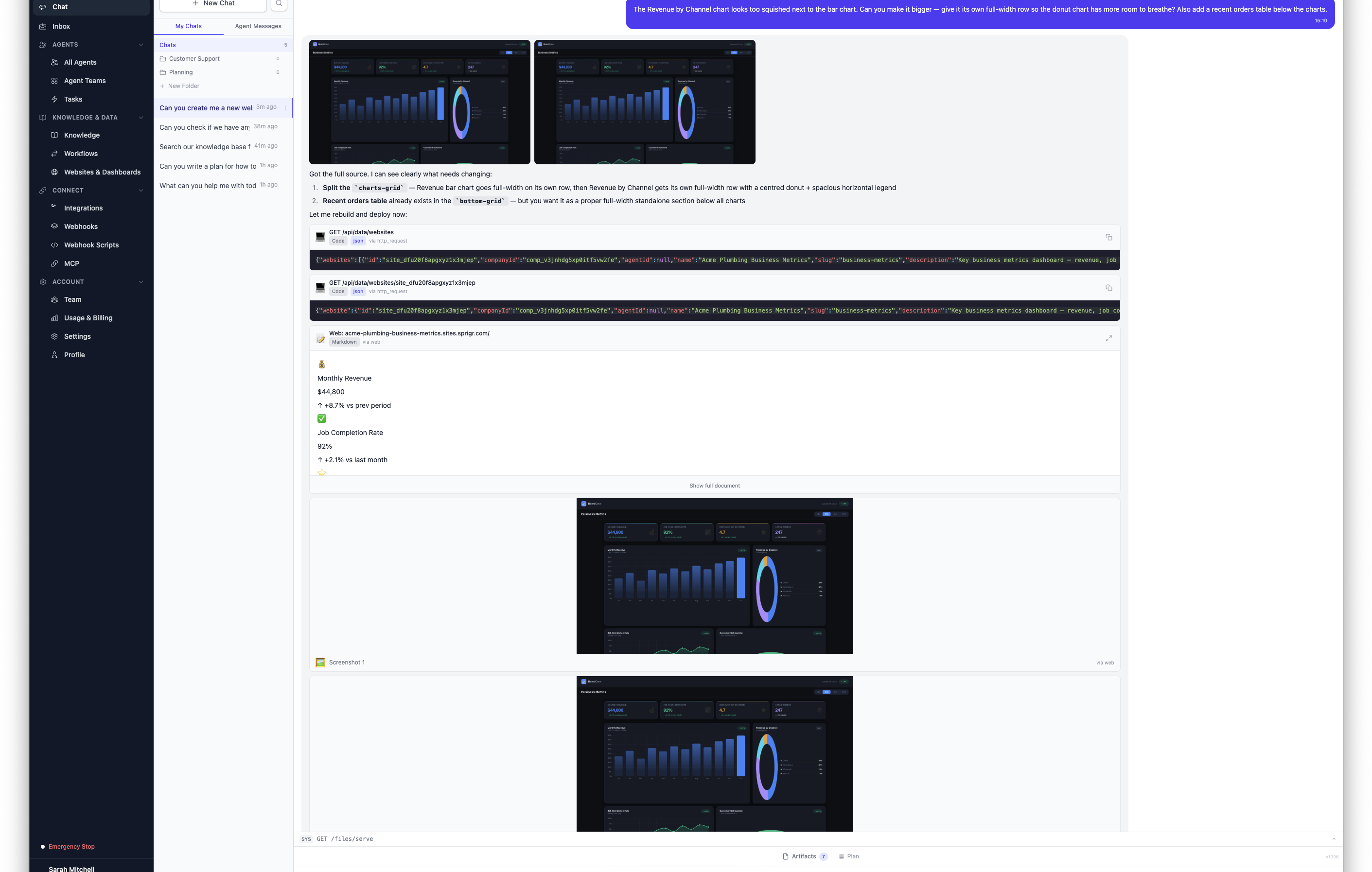 Giving feedback to refine the dashboard layout and the agent updating it