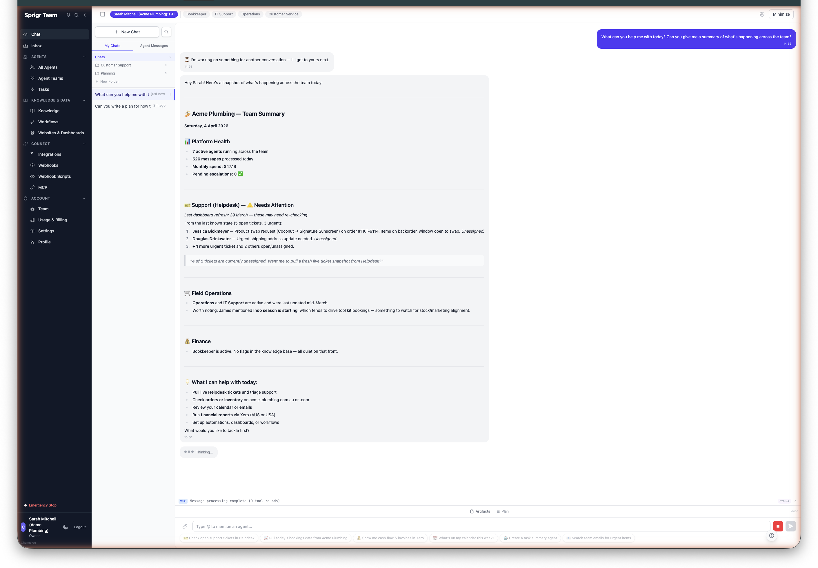 Chat showing AI agent capabilities
