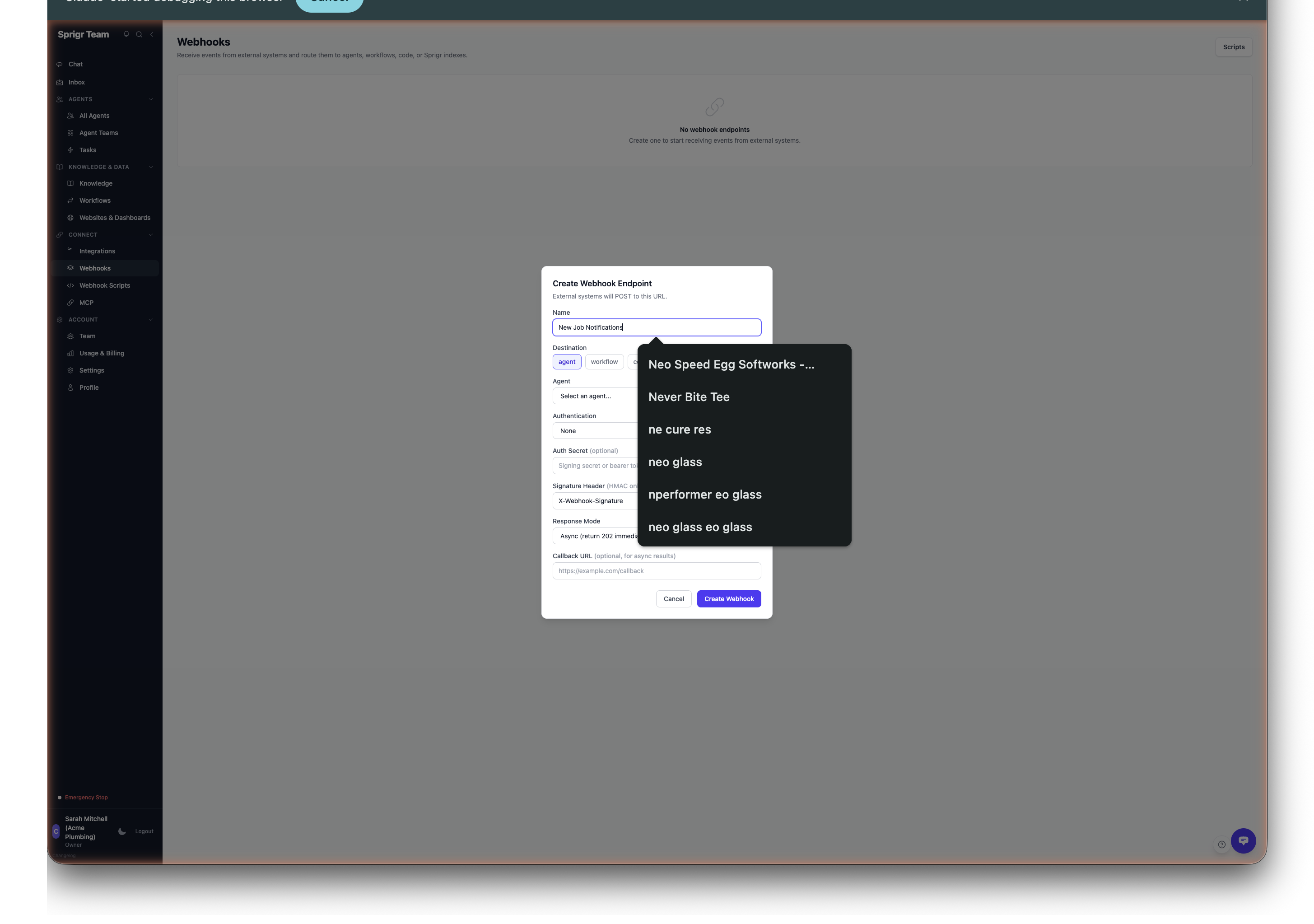 Webhook creation form with all options
