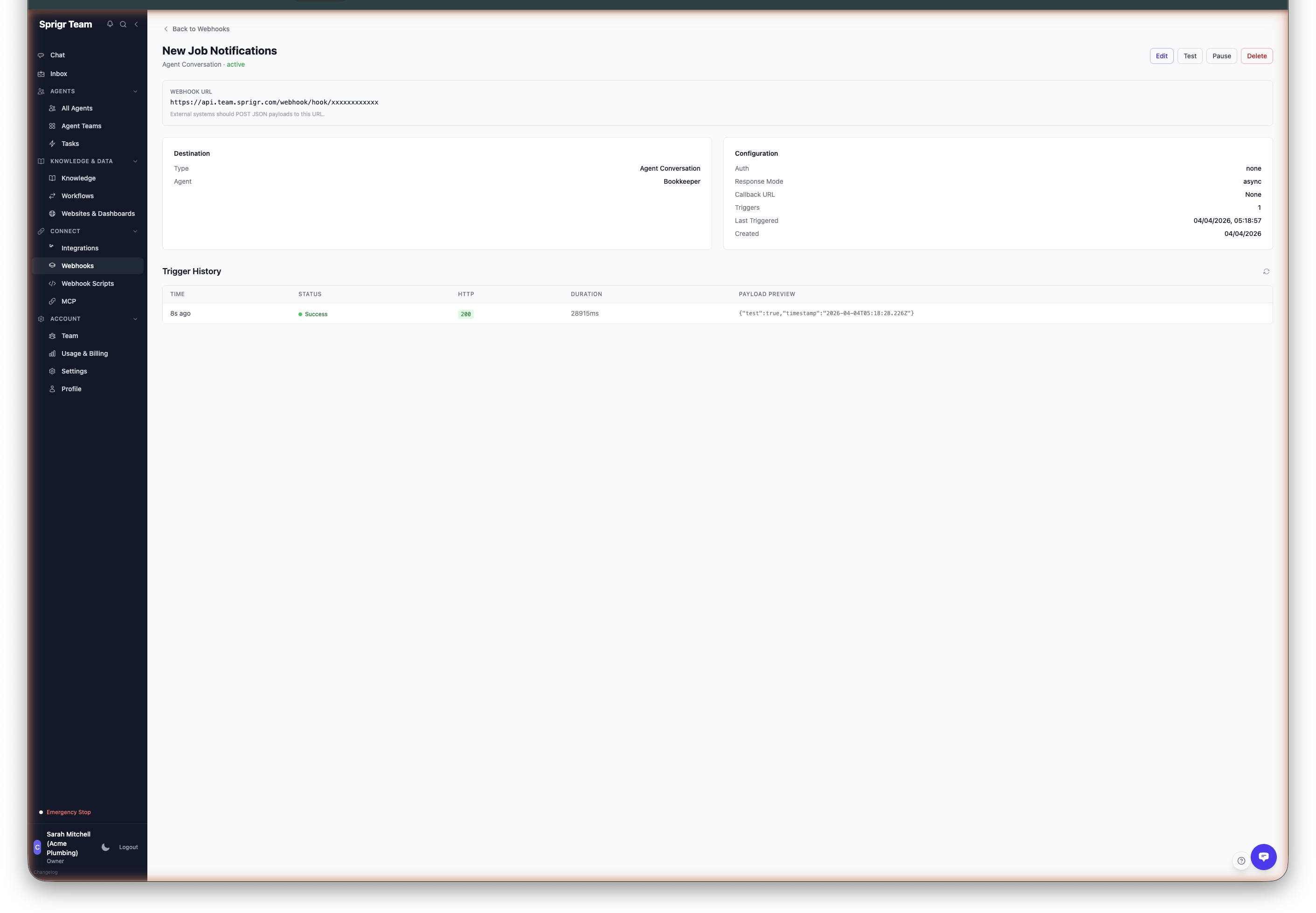 Webhook detail page with configuration and trigger history