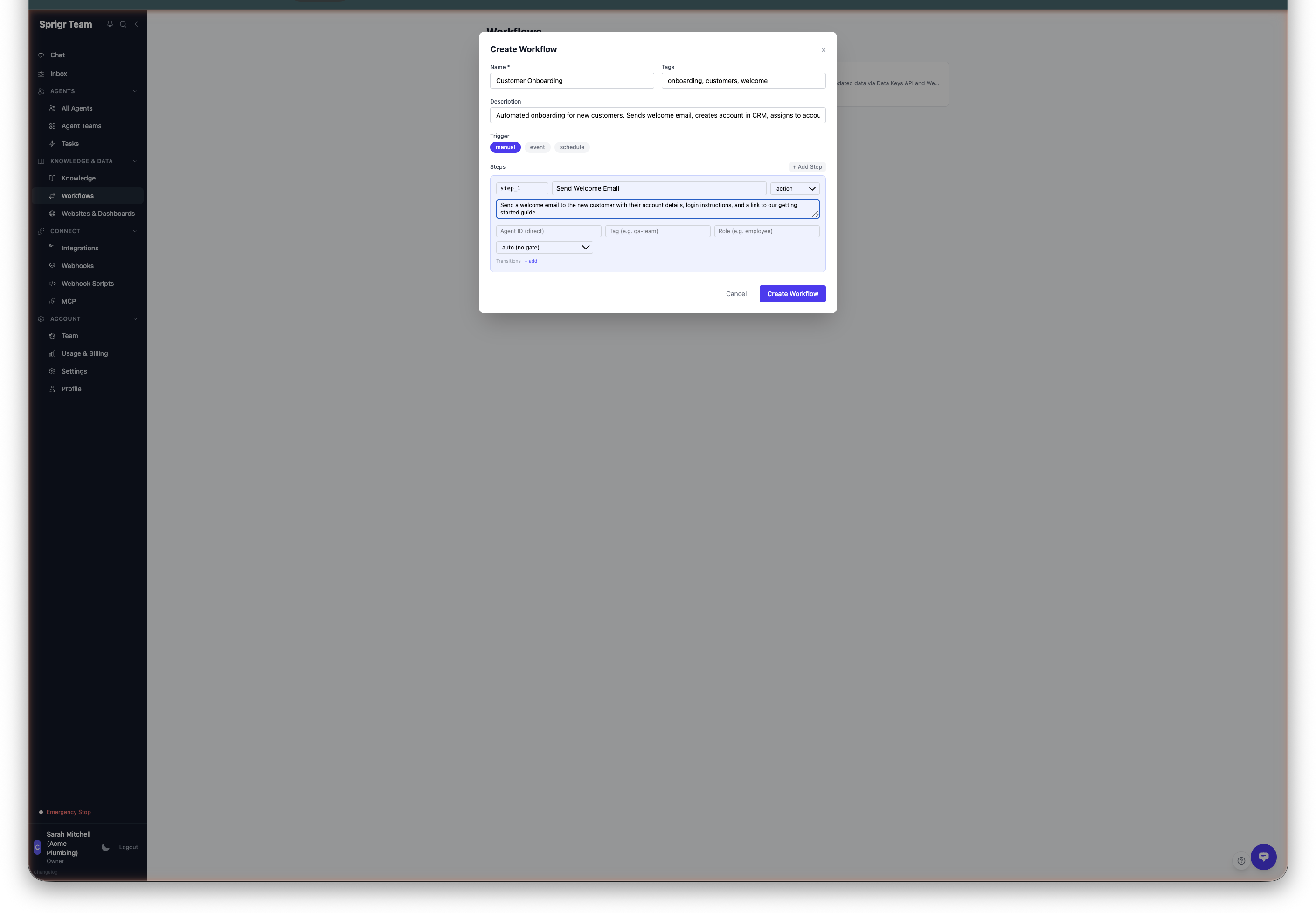 Workflow creation for automated processes