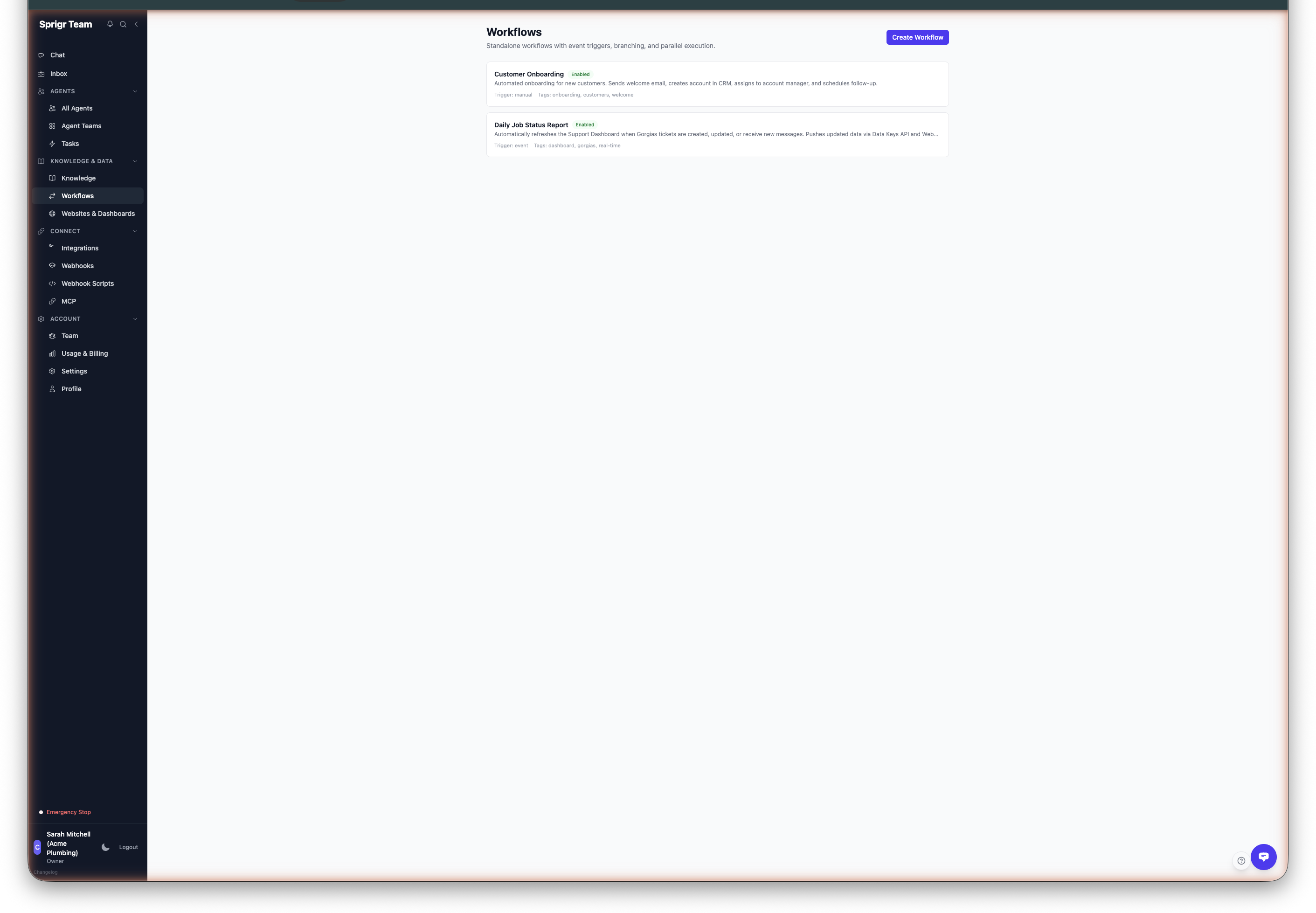 Workflows page